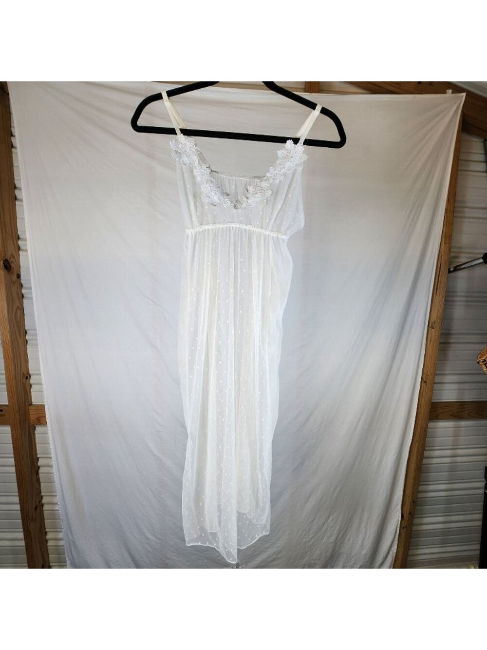 Sheer Lace Crochet Nightgown Slip Dress Medium White Polka Dot Sexy Festival